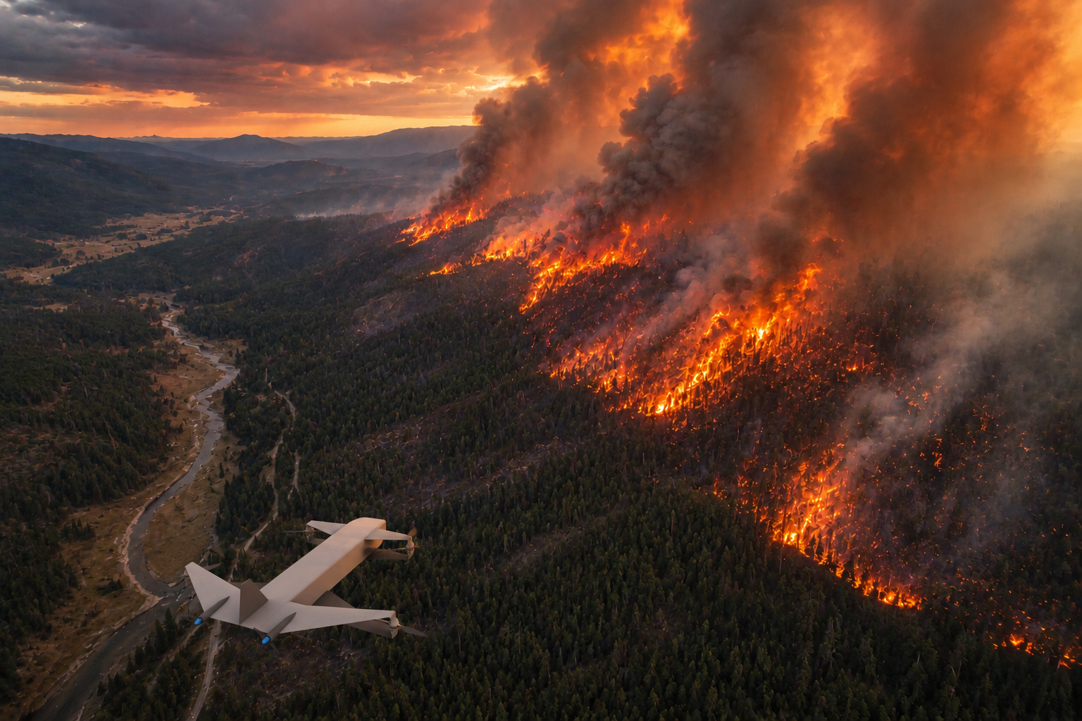 An airplane flying over a forest fire with flames and smoke on a hillside during sunset.
