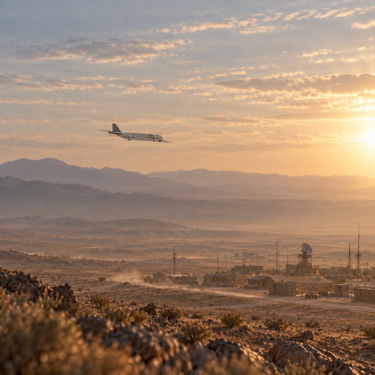 Illustration of an Armada aircraft over a desert landscape.