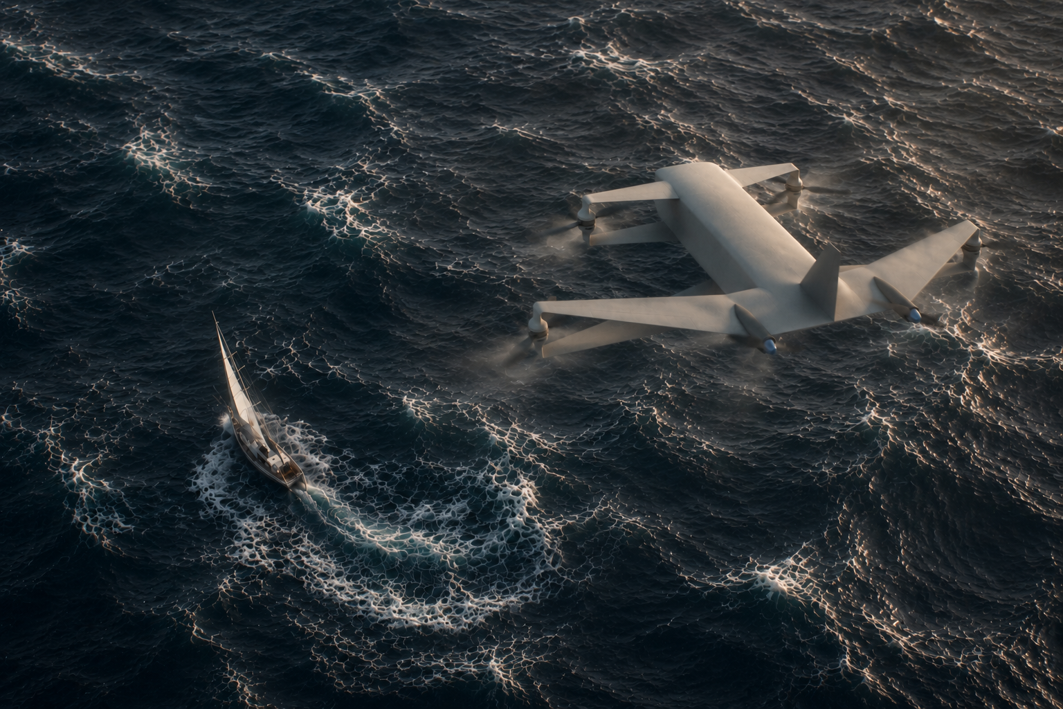 An aerial view of a boat and a large drone flying above the ocean, both creating waves and wake in the water.
