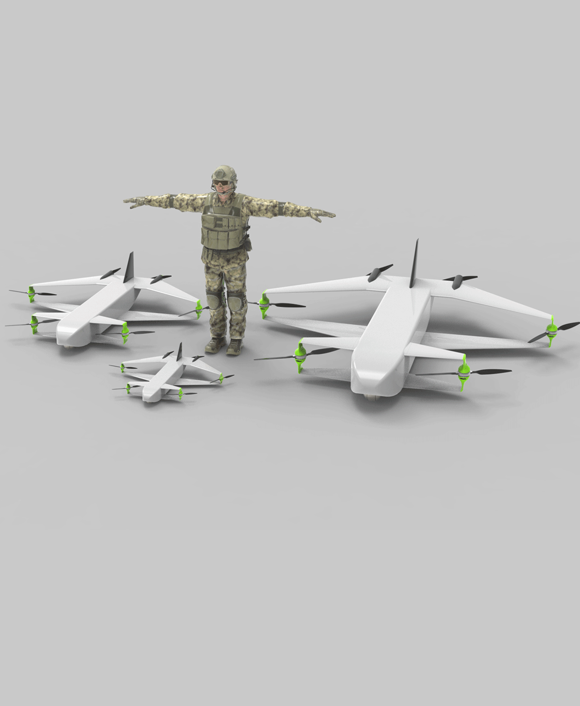 A soldier in camouflage uniform standing with arms outstretched among several white drone aircraft with multiple rotors, in a neutral background.