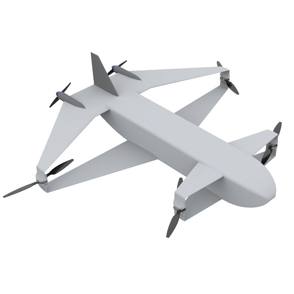 A white drone with four propellers and vertical fins, viewed from above, set against a black background.