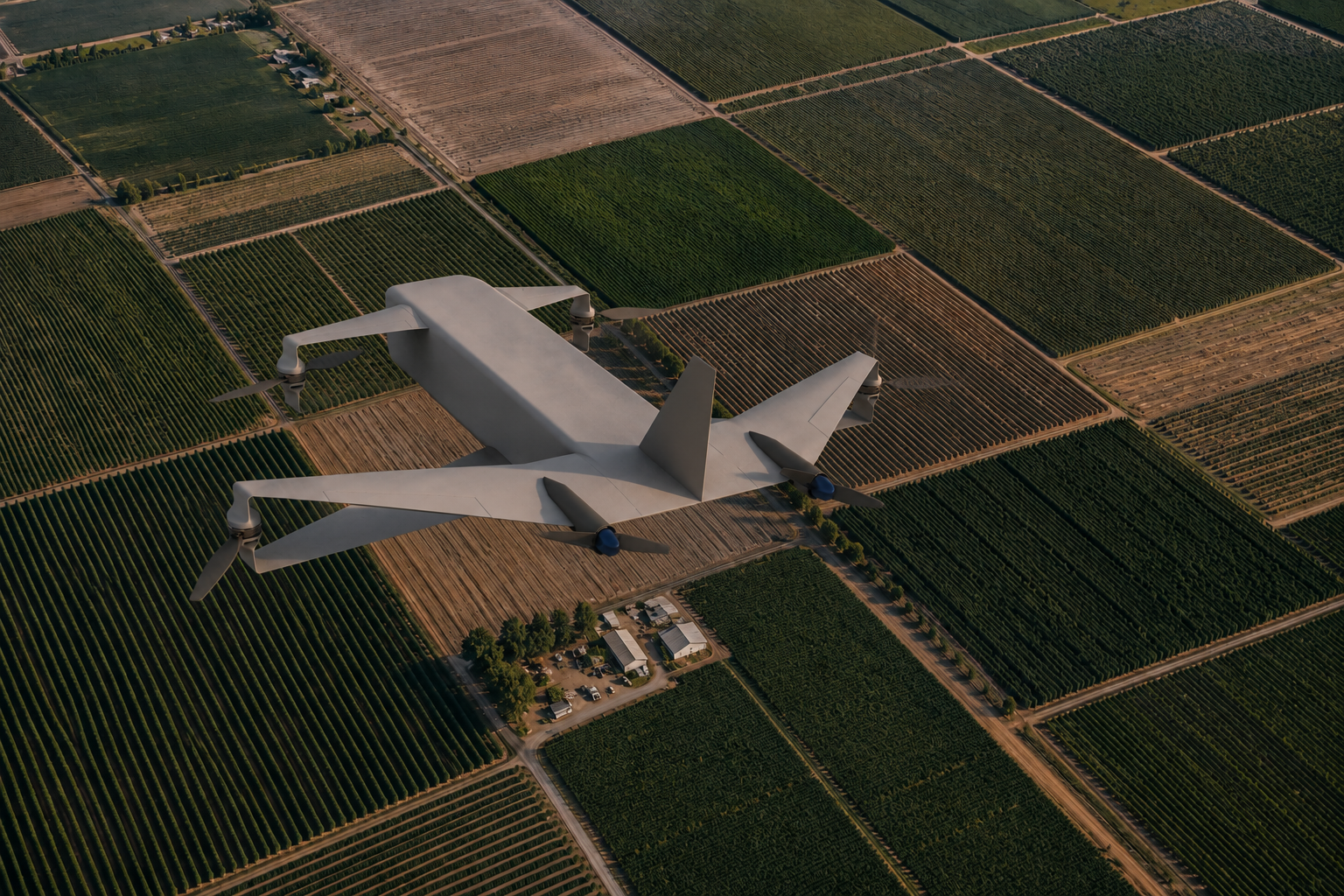 A drone flying over a patchwork of farmland with fields and a small building complex.