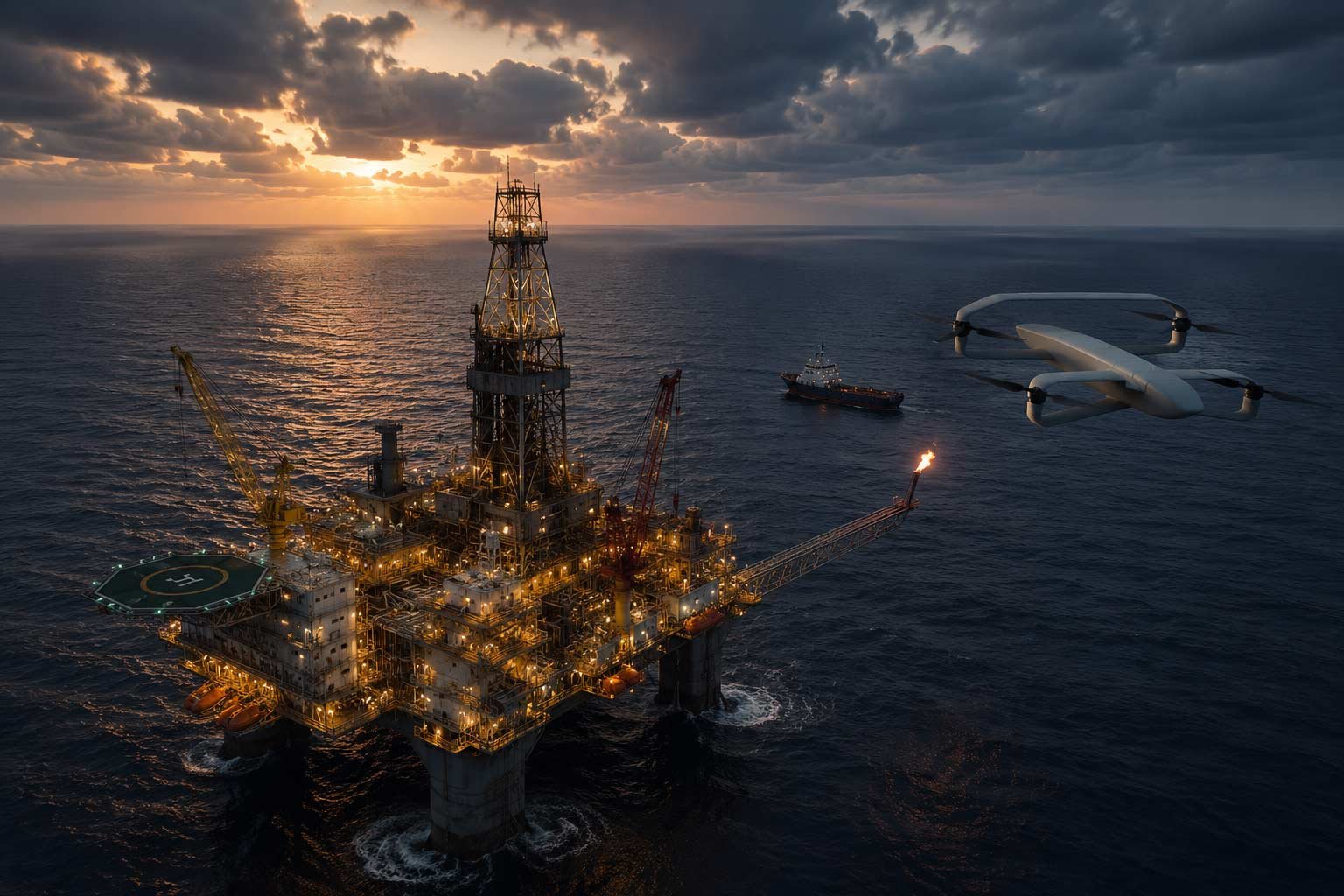 Offshore oil drilling platform with cranes and helipad, surrounded by the ocean at sunset, drone flying nearby, and a ship in the background.