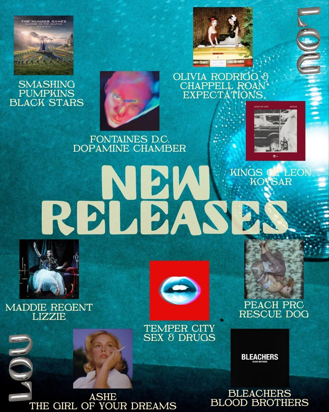 Stackedddd list of new releases this Friday!! 🎉

Fontaines D.C. - Dopamine Chamber
Olivia Rodrigo &amp; Chappell Roan - expectations
Smashing Pumpkins - Black Stars
Kings of Leon - Koysar
Maddie Regent - Lizzie
Ashe - The Girl of Your Dreams
Temper 