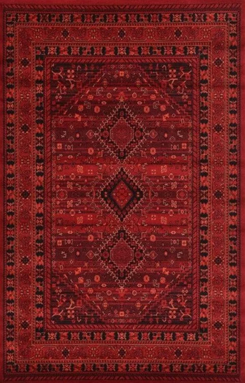 A traditional red oriental rug with intricate geometric and floral patterns.