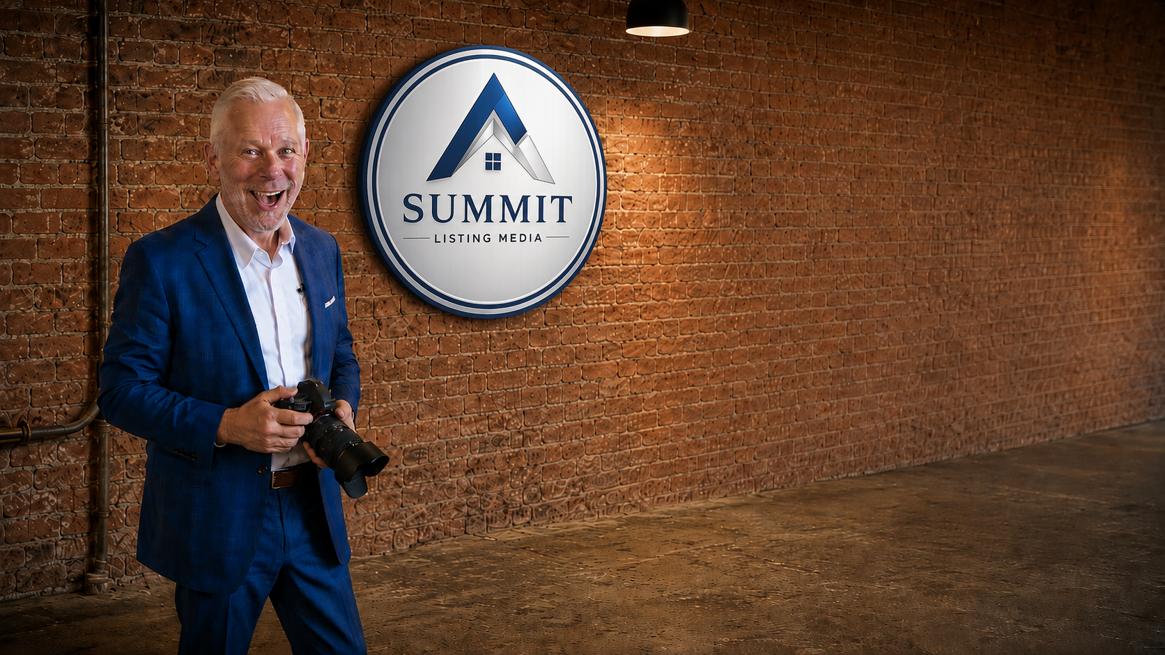 A smiling man in a blue suit holding a camera, standing in front of a brick wall with a large round sign that reads 'Summit Listing Media'.