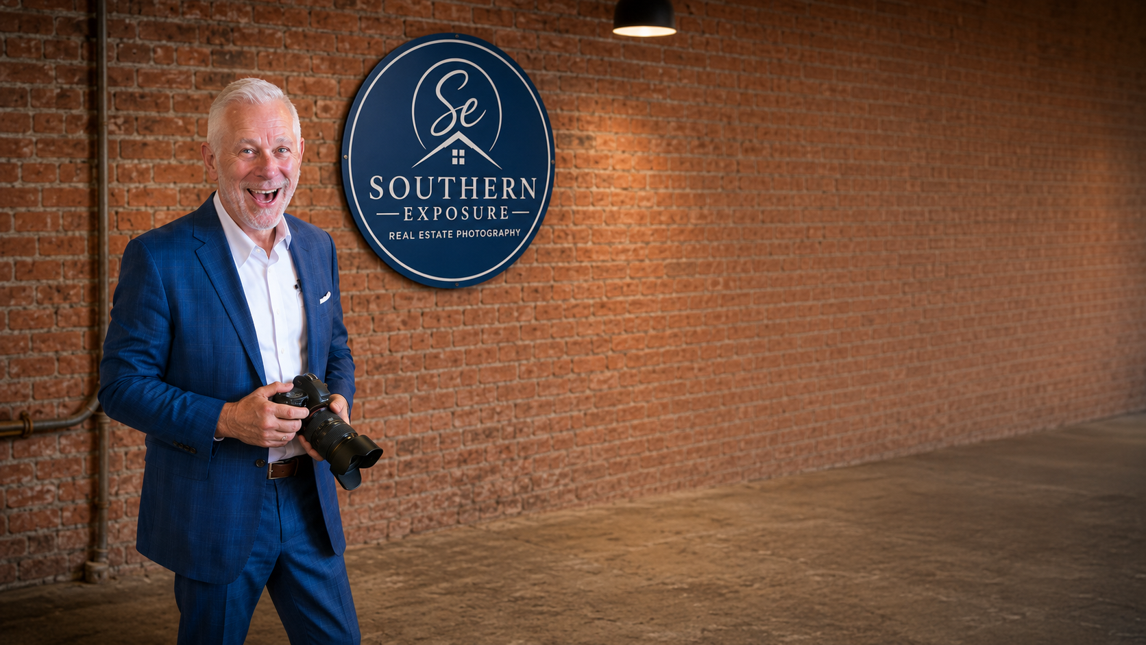 A smiling man in a blue suit holding a camera stands in front of a brick wall with a sign that reads "Southern Exposure Real Estate Photography."