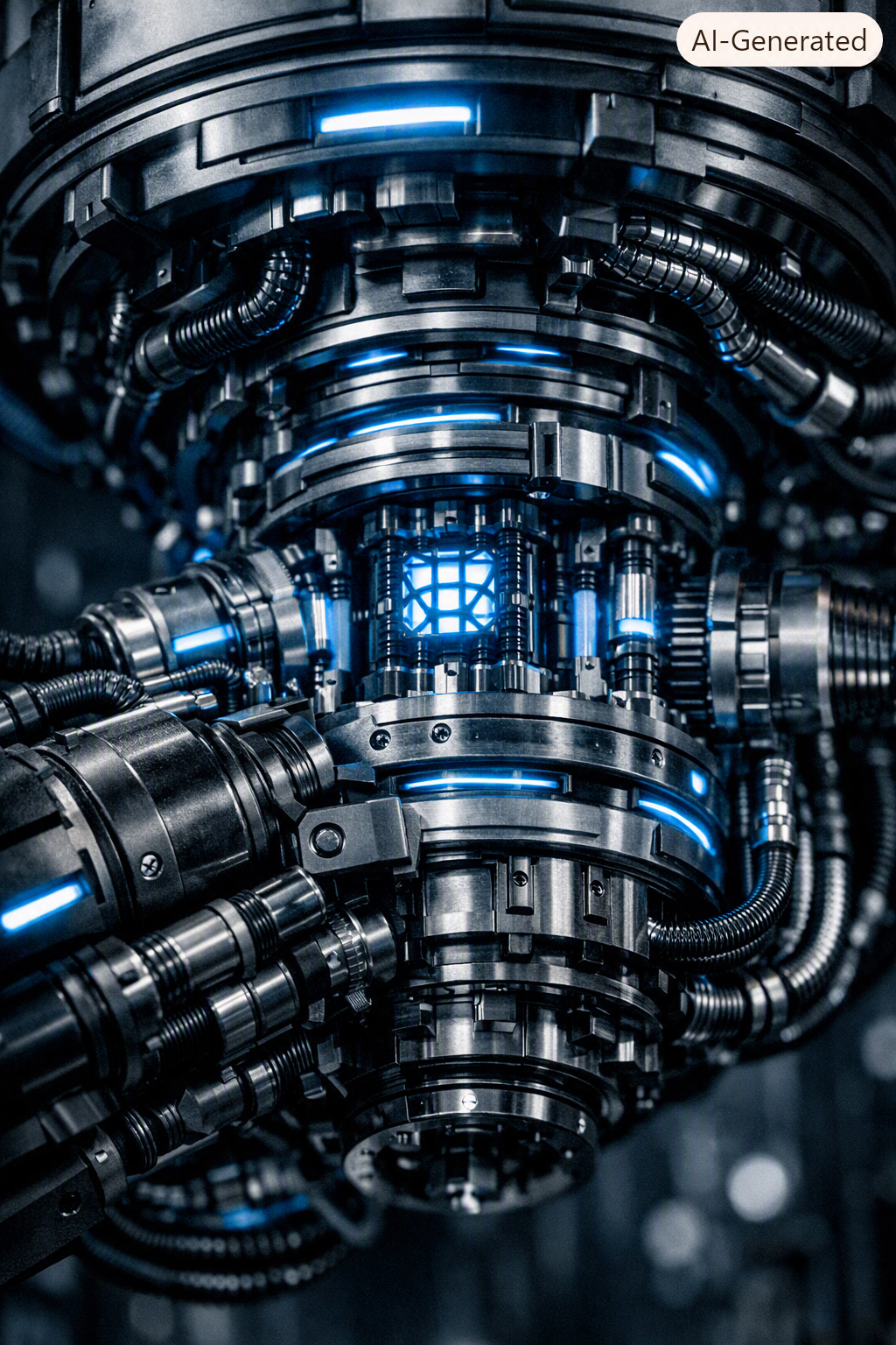 Close-up of a futuristic, metallic, and illuminated machine or device with blue lights and complex cylindrical components.