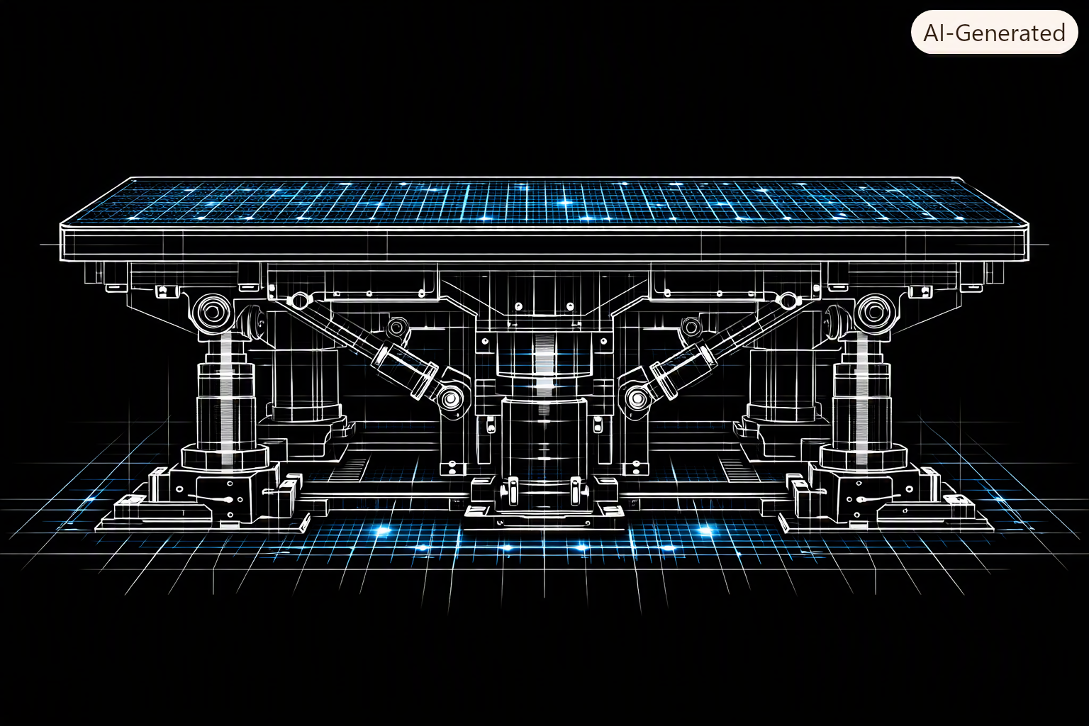 Digital blueprint illustration of a solar panel mounted on an adjustable support structure with a futuristic design.
