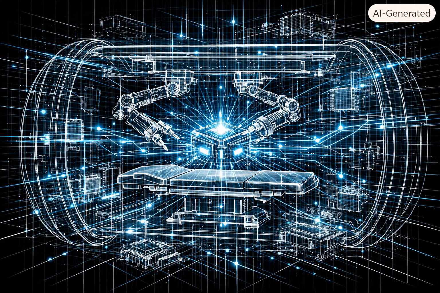 A digital, wireframe illustration of a laboratory with robotic arms working on a scientific instrument, surrounded by interconnected data points and futuristic technology elements.