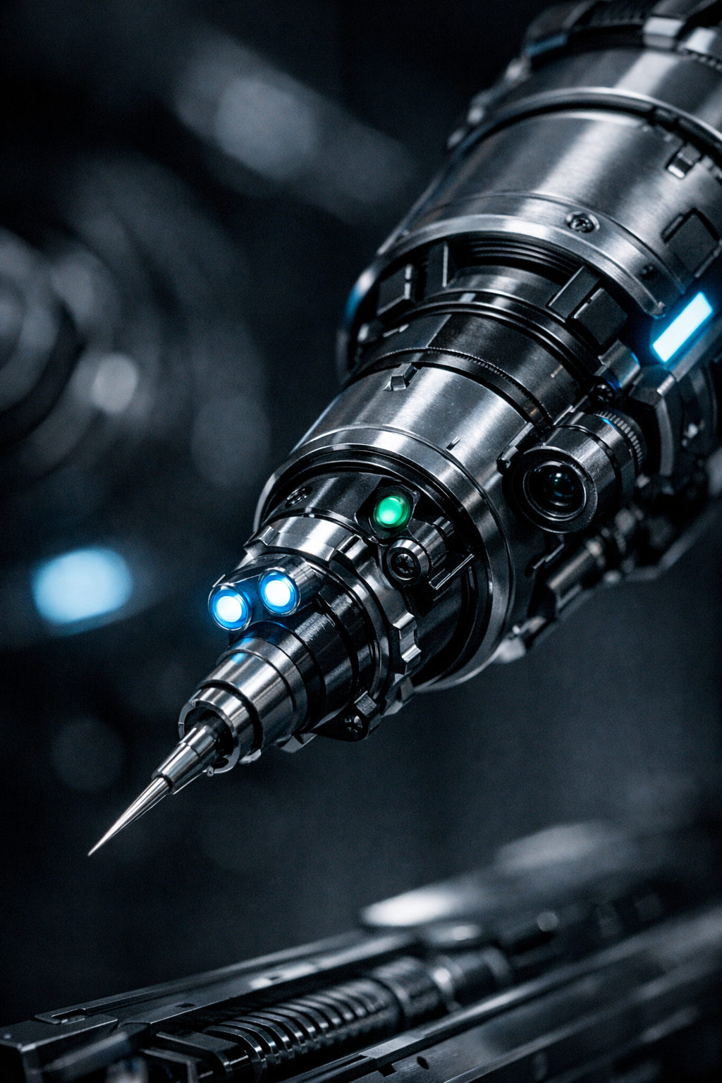 Close-up of a futuristic robotic device or arm with metallic components, glowing blue and green lights, and a pointed tip, set against a dark background.