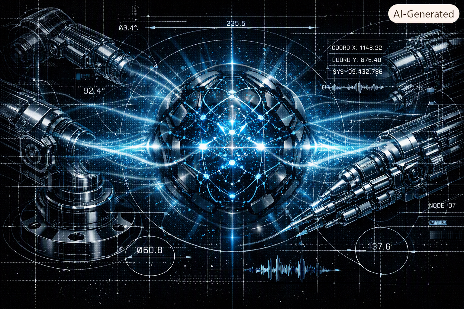 Futuristic digital illustration of a spherical neural network at the center, with robotic arms extending from the sides, connected to various digital readouts and data points, set in a space-like background with glowing lines and particles.