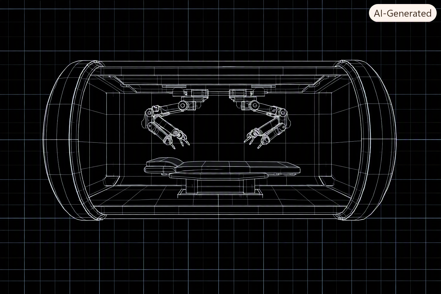 A computer-generated wireframe model of a classroom with a robotic arm and a platform on the floor, displayed on a black grid background.