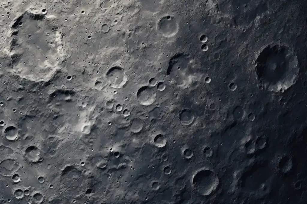 Close-up view of the moon's cratered surface with numerous craters of various sizes.
