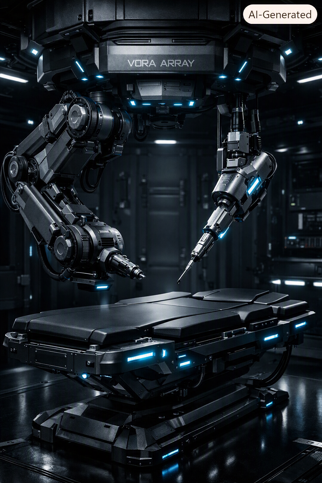 A futuristic robotic surgical system with advanced robotic arms and precision instruments in a high-tech operating room.