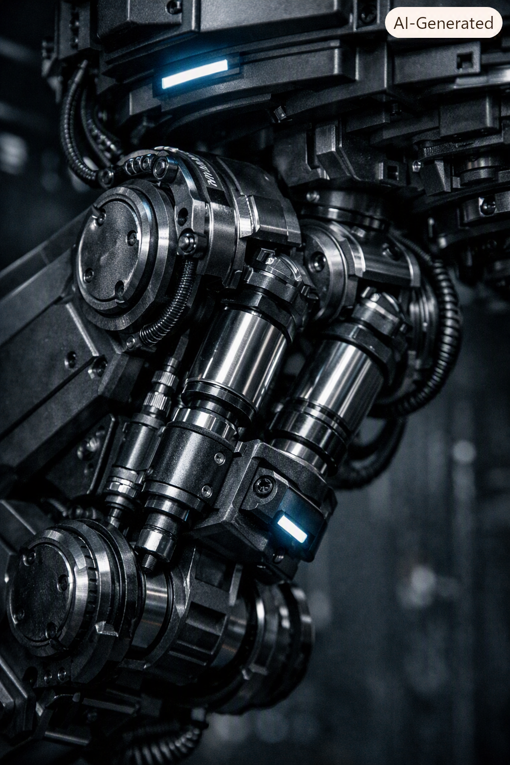 Close-up of a modern industrial mechanical system with interconnected metal components, cylinders, and electronic elements, illuminated with subtle blue lights.