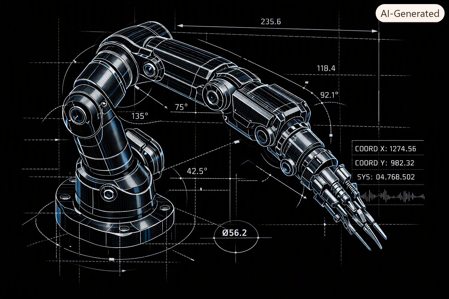 Digital blueprint of a robotic arm with measurements, angles, and coordinates on a black background, labeled as AI-generated.