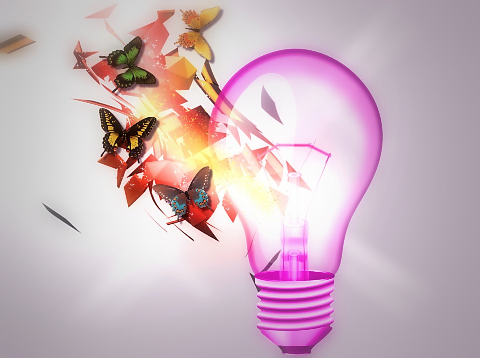 Une ampoule violette lumineuse avec des papillons colorés et abstraits qui semblent en sortir ou voler devant elle.