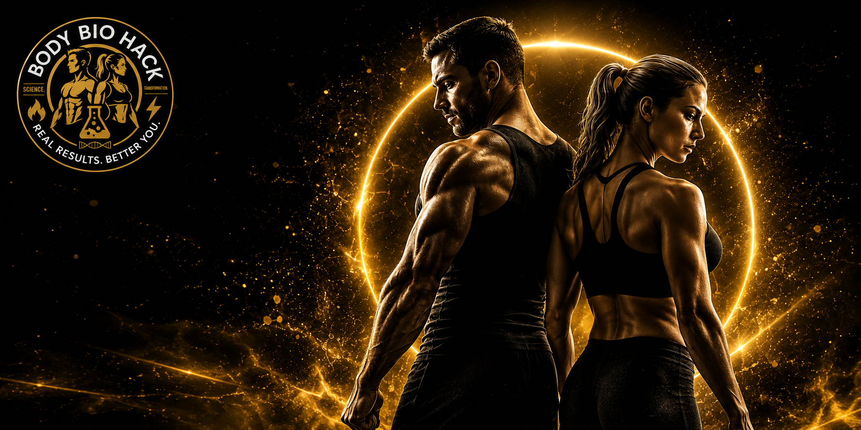 Two muscular individuals, a man and a woman, facing away from each other with their backs and sides visible, glowing with a golden light against a dark background with golden sparks. There is a circular logo on the top left that says "Body Bio Hack" with stylized images of a man and woman, and the slogan "Real Results. Better You!"