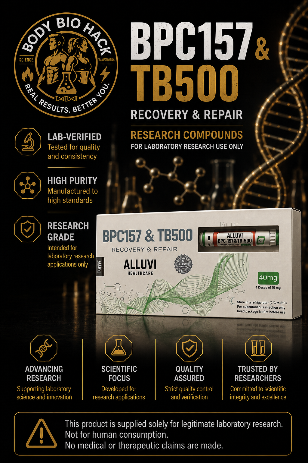 Packaging label for research compounds BPC157 and TB500, showing product details for recovery and repair, including lab verification, high purity, research grade, and safety instructions.