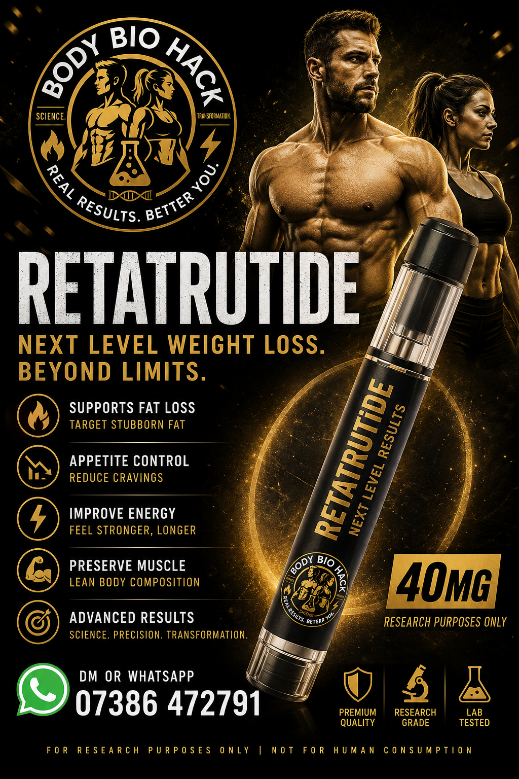 Advertising poster for Body Bio Hack Retatrutide supplement featuring a muscular man and woman with a large illustration of the supplement tube. The poster highlights benefits such as fat loss, appetite control, energy improvement, muscle preservation, and results. Includes contact info via WhatsApp.