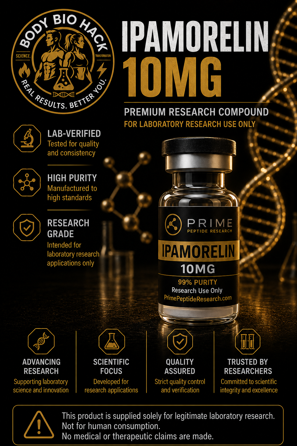 Label for a laboratory research product called IPAMORELIN, with 10mg of 99% purity, produced by Prime Peptide Research. The label emphasizes it is for research use only, tested for quality and consistency, manufactured to high standards, and intended for laboratory research applications only. The background features DNA and molecular graphics.