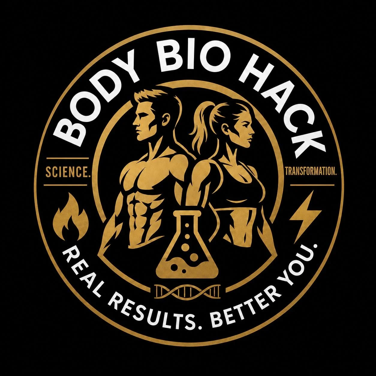 A logo with a circular black and gold design featuring a muscular man and woman in profile, scientific symbols, and text promoting health and transformation, including phrases like 'Body Bio Hack', 'Science', 'Transformation', and 'Real Results. Better You.'