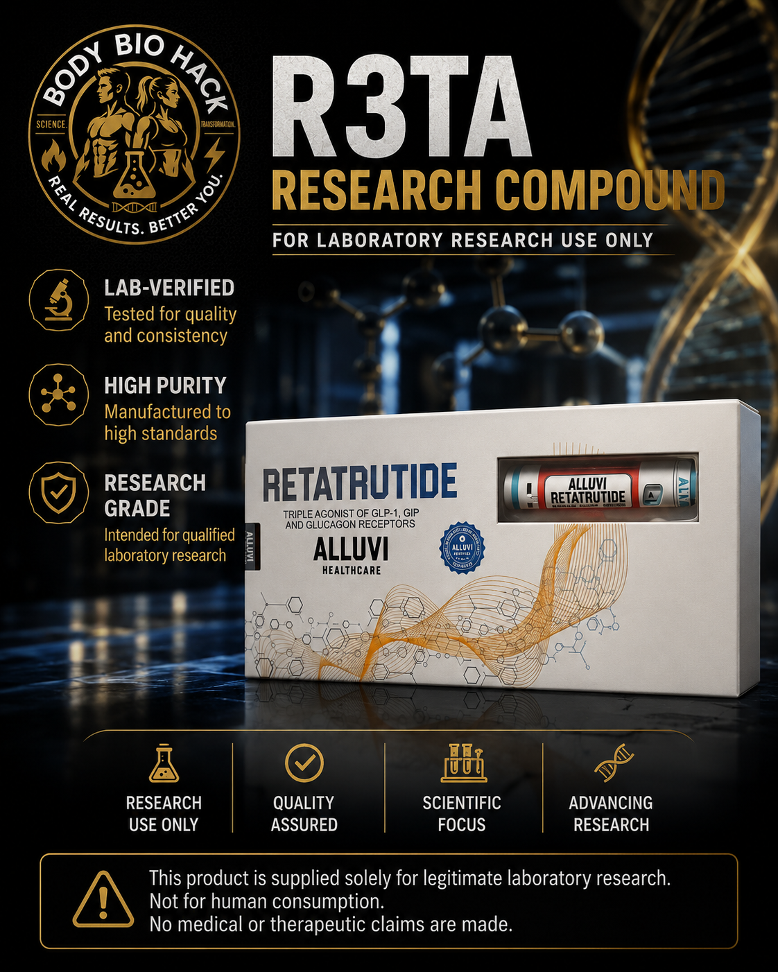 Packaging of Alluvi Retatrutide research compound showing branding, scientific imagery, and label, with laboratory and DNA graphics in the background.