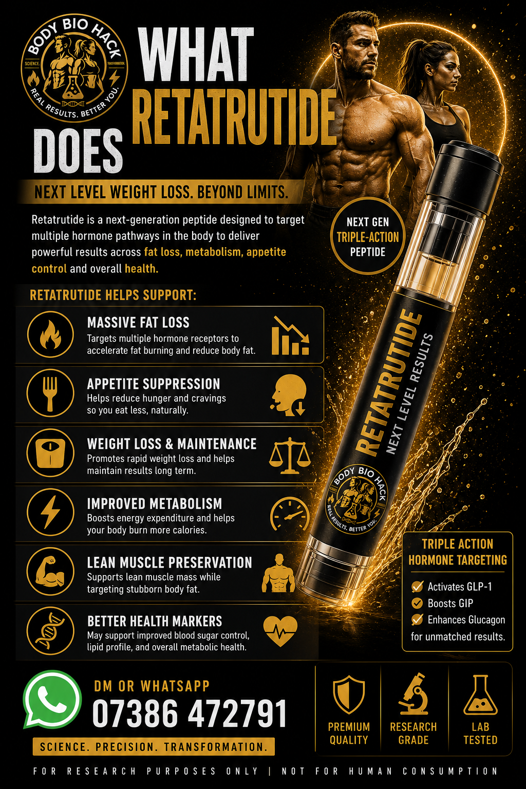 Advertisement for a supplement called Retatrutide by Body Bio Hack, featuring a muscular man and woman, a large pump bottle labeled 'Retatrutide', and information on its benefits for weight loss, fat burning, appetite suppression, improved metabolism, and health markers. Contains text emphasizing next-level weight loss, triple-action peptide, and contact details.
