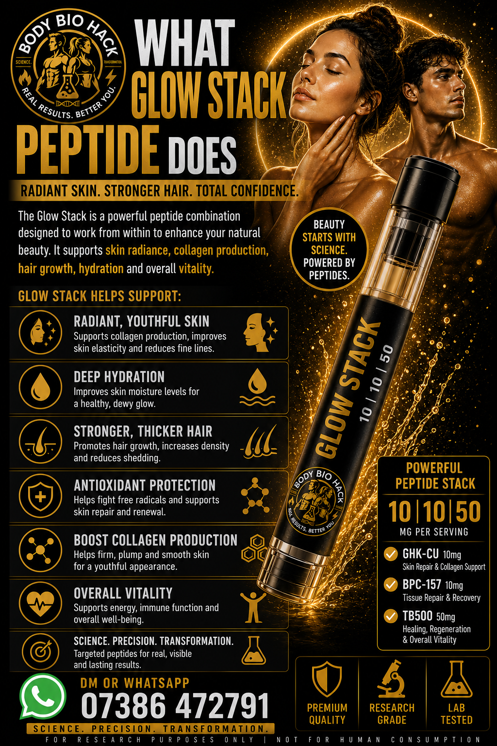 An advertisement for Body Bio Hack's Glow Stack Peptide, featuring a woman and a man with glowing skin, emphasizing radiant skin, stronger hair, and confidence. The ad highlights the benefits of the peptide, its support for skin radiance, collagen, hydration, hair growth, and vitality. It includes details about the product dosage and contact information.