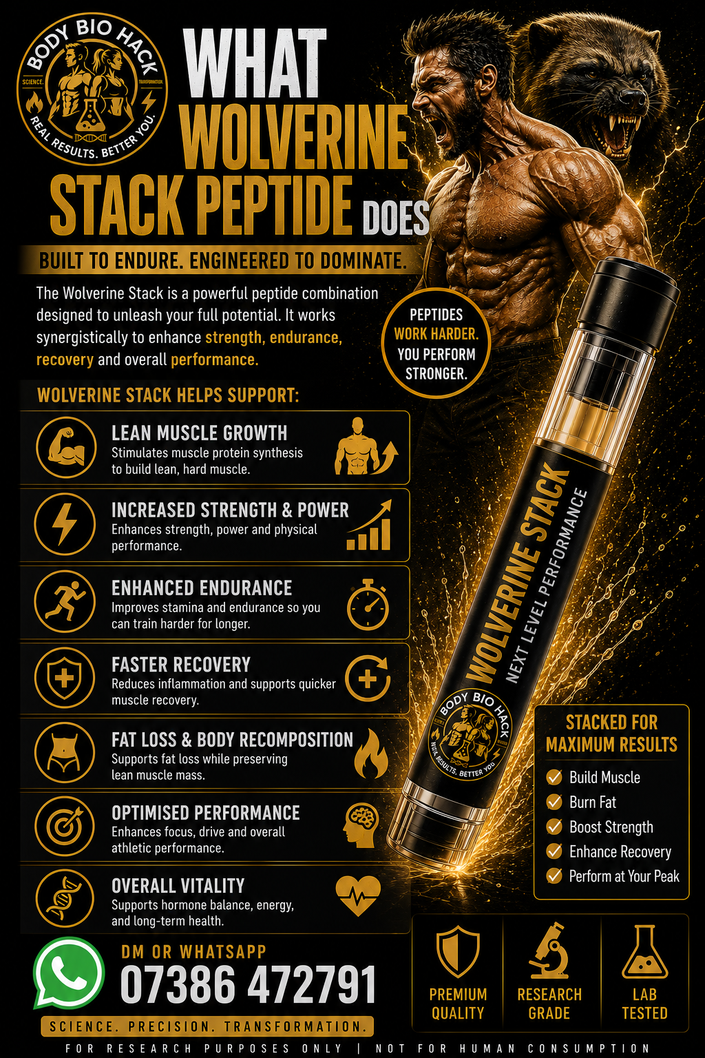 Advertisement for Wolverine Stack Peptide supplement, featuring a muscular man roaring with a wolf in the background, with icons and text highlighting benefits such as muscle growth, strength, endurance, and recovery.