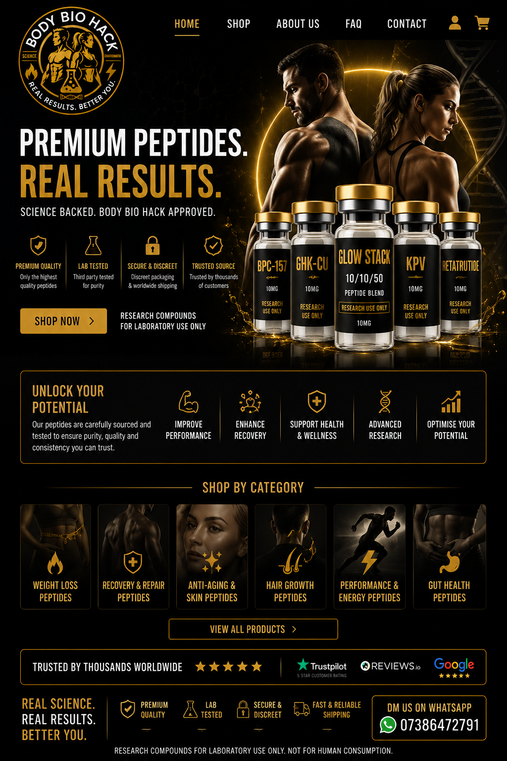 A website homepage for Body Bio Hack featuring muscular man and woman, bottles of peptides, and categories for weight loss, recovery, anti-aging, hair growth, performance, and gut health supplements.