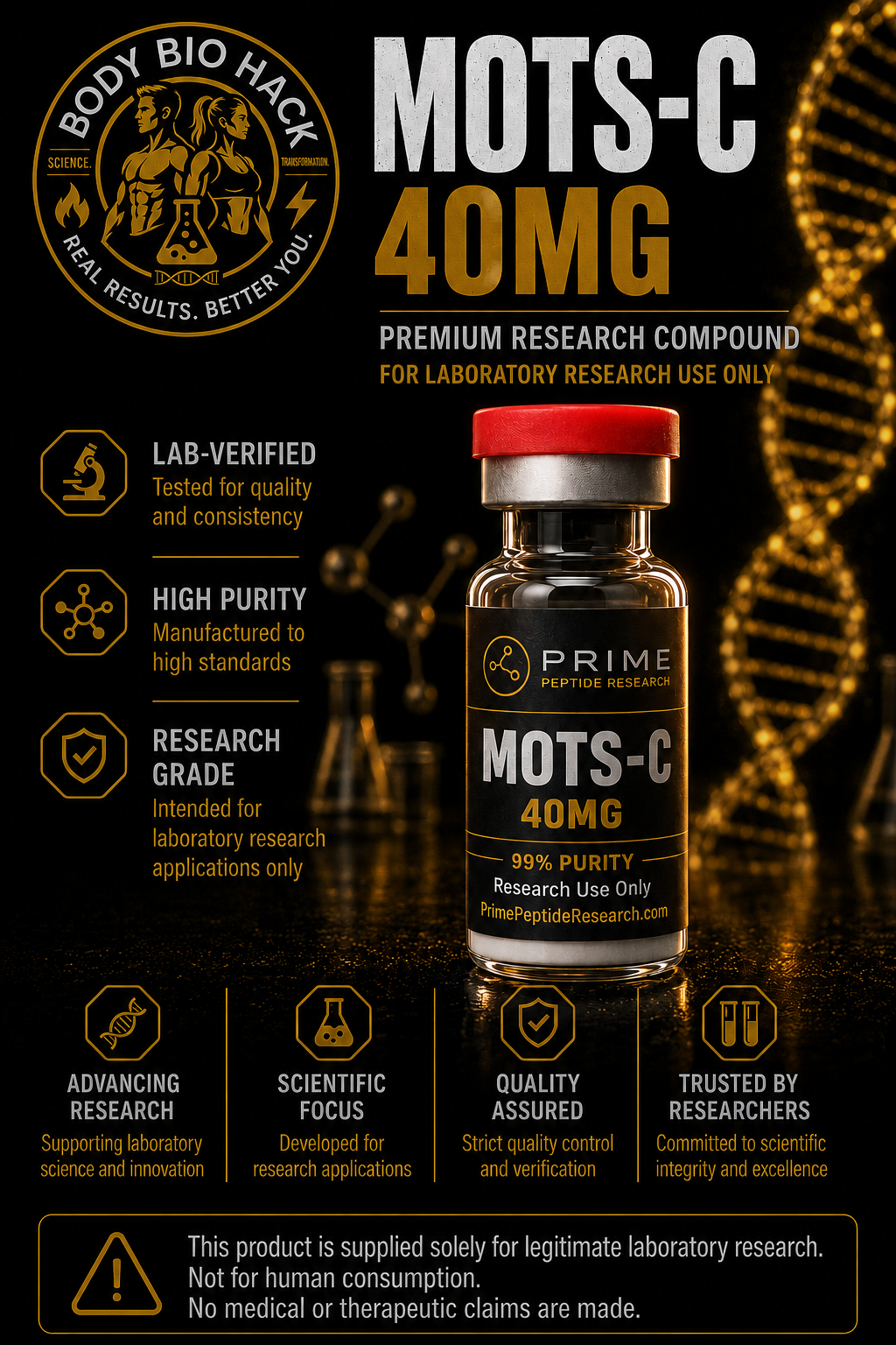 Label for a research compound called MOTS-C, 40mg, by Prime Peptide Research, with information on lab verification, purity, research grade, and scientific focus, featuring graphics of DNA, molecules, and laboratory equipment.