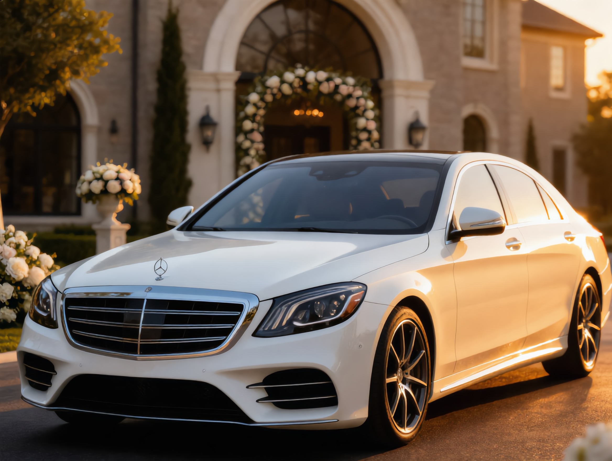 A white Mercedes-Benz S560 parked in front of a house with floral decorations at the entrance, during sunset in Northwest Arkansas.