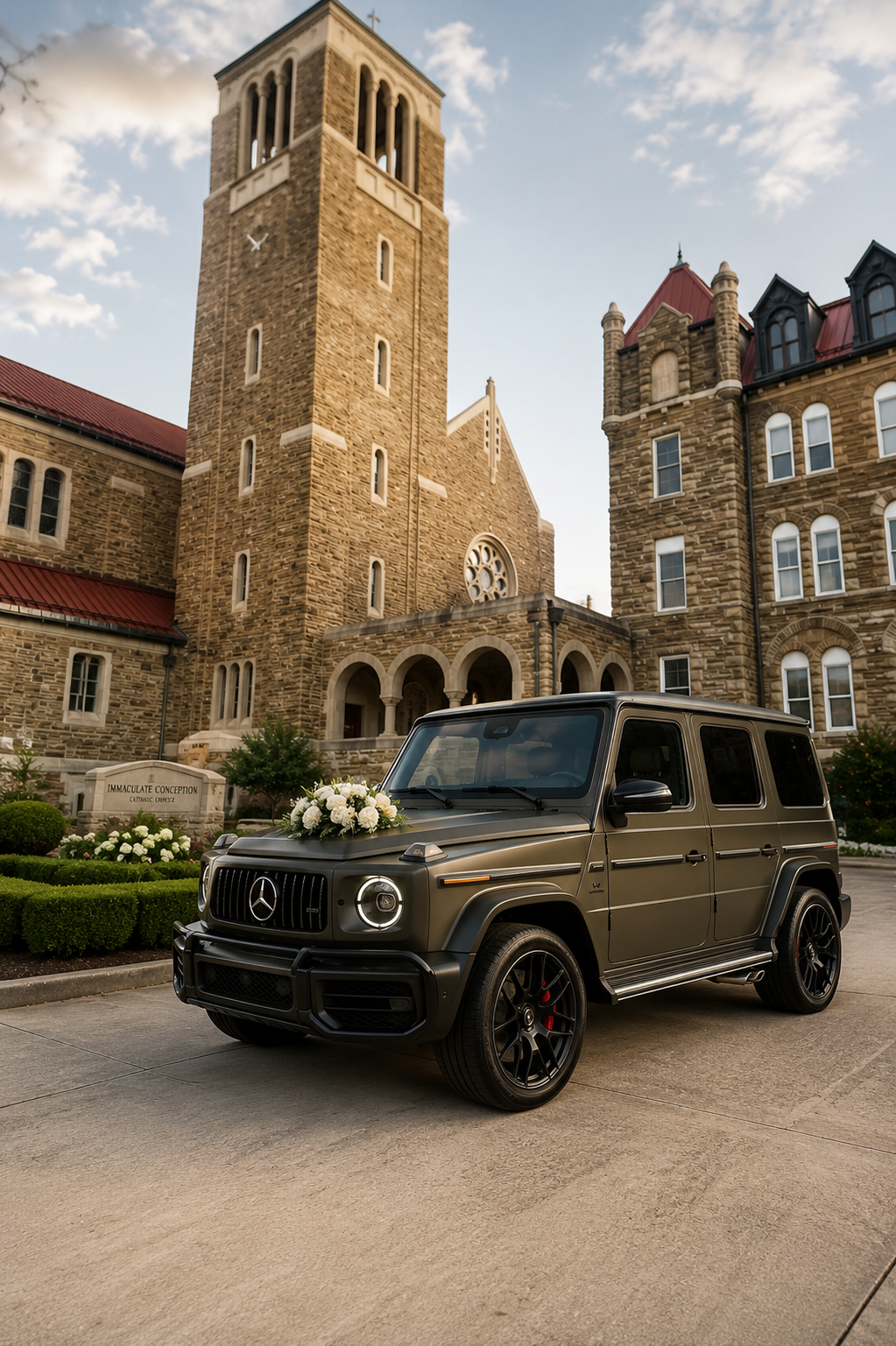 A dark olive Mercedes-Benz G-Class AMG G63 SUV decorated with white flowers on the hood, parked in front of a large stone church in Arkansas with a tall bell tower and Gothic architecture, during daytime with a partly cloudy sky.