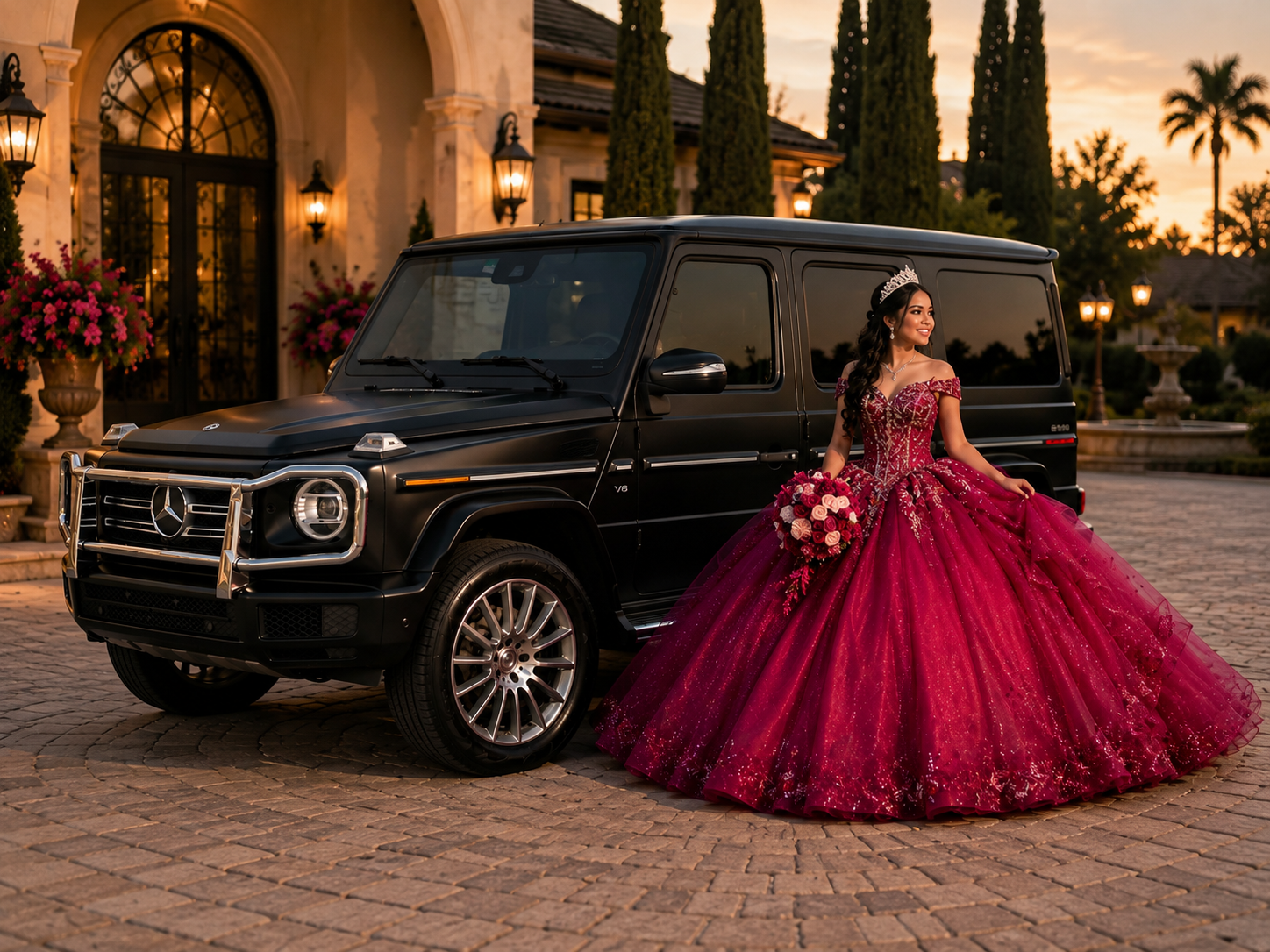 Quinceañera in a vibrant magenta gown beside a luxury Mercedes-Benz G550 in Northwest Arkansas