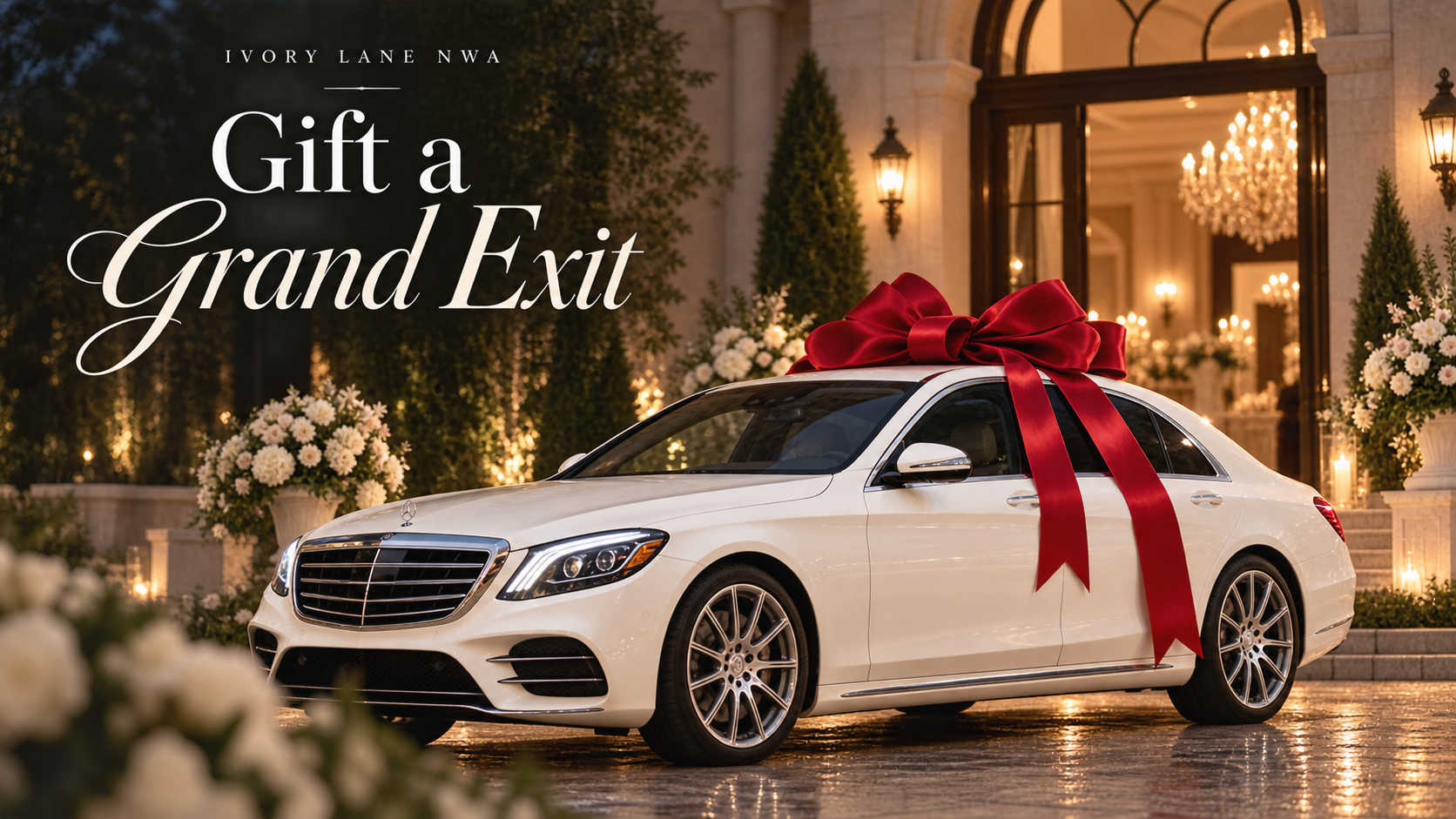 White Mercedes-Benz S-Class with a red gift bow outside an elegant wedding venue, representing Ivory Lane’s Gift a Grand Exit wedding gift in Northwest Arkansas