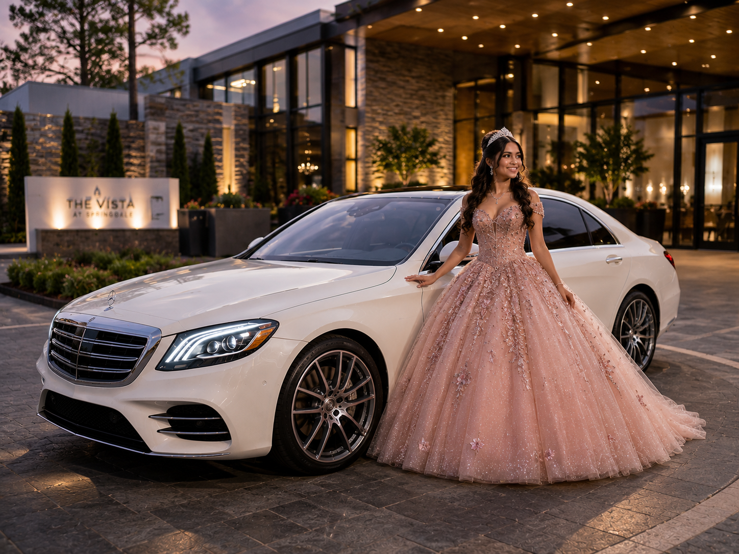 Quinceañera in an elegant blush gown posing beside a white Mercedes-Benz S560 at an upscale Northwest Arkansas venue