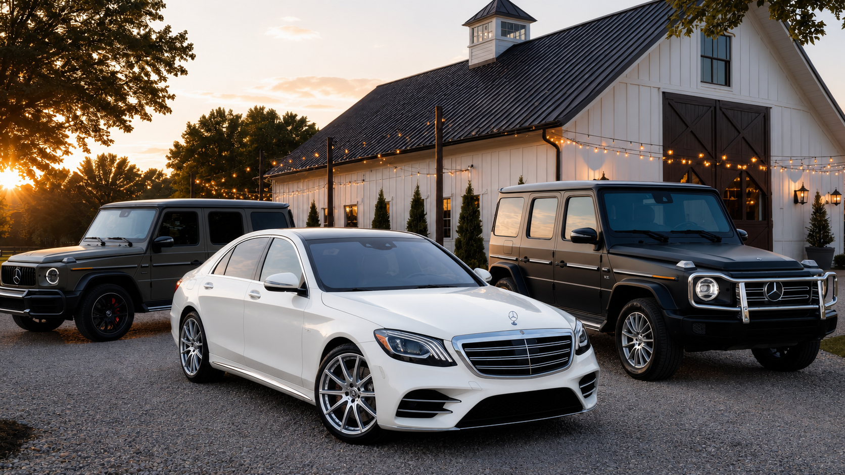 Three Mercedes-Benz vehicles parked in front of a white barn with string lights, trees, and a sunset background.