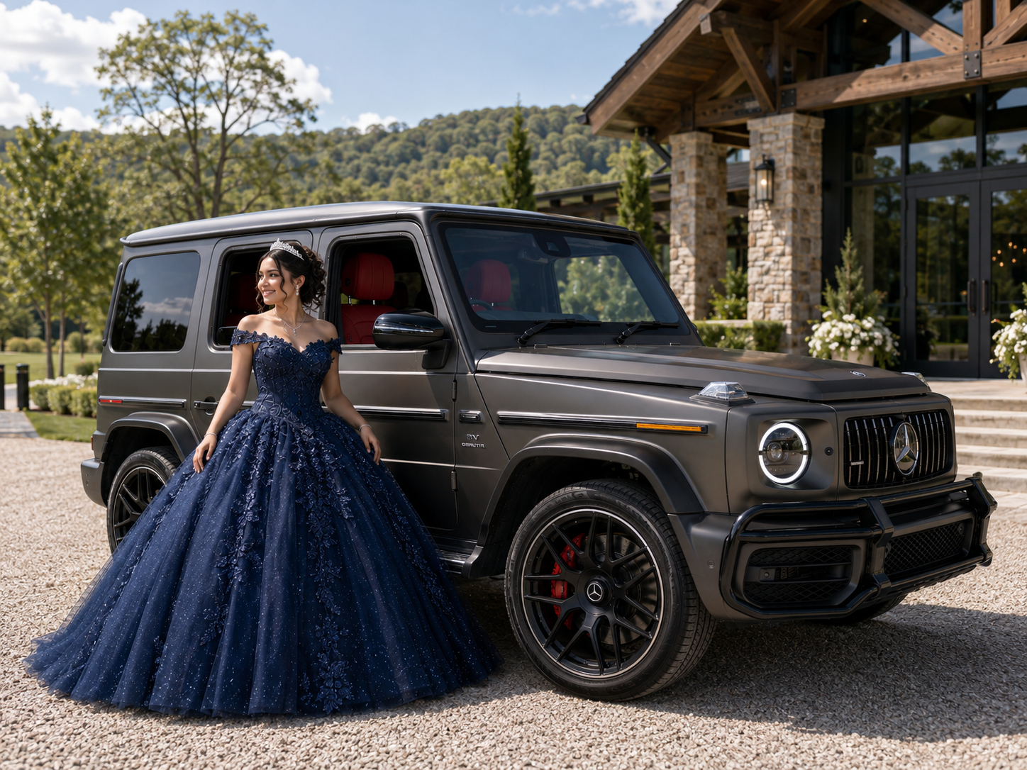 Quinceañera in a navy gown posing beside a Mercedes-AMG G63 at an upscale Northwest Arkansas event venue