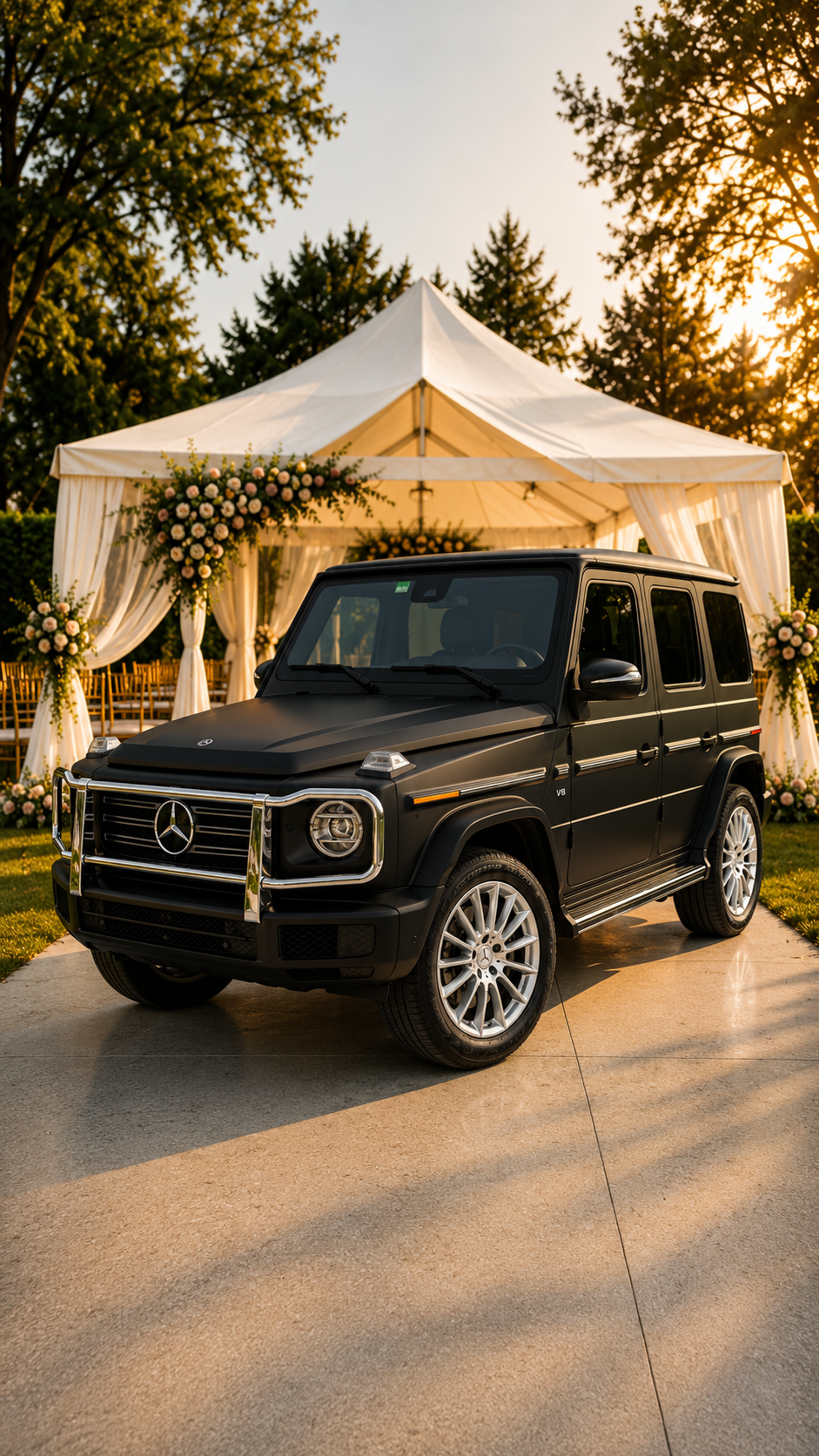 Black Mercedes-Benz G-Class G550 SUV parked in front of a decorated outdoor wedding ceremony tent during sunset.