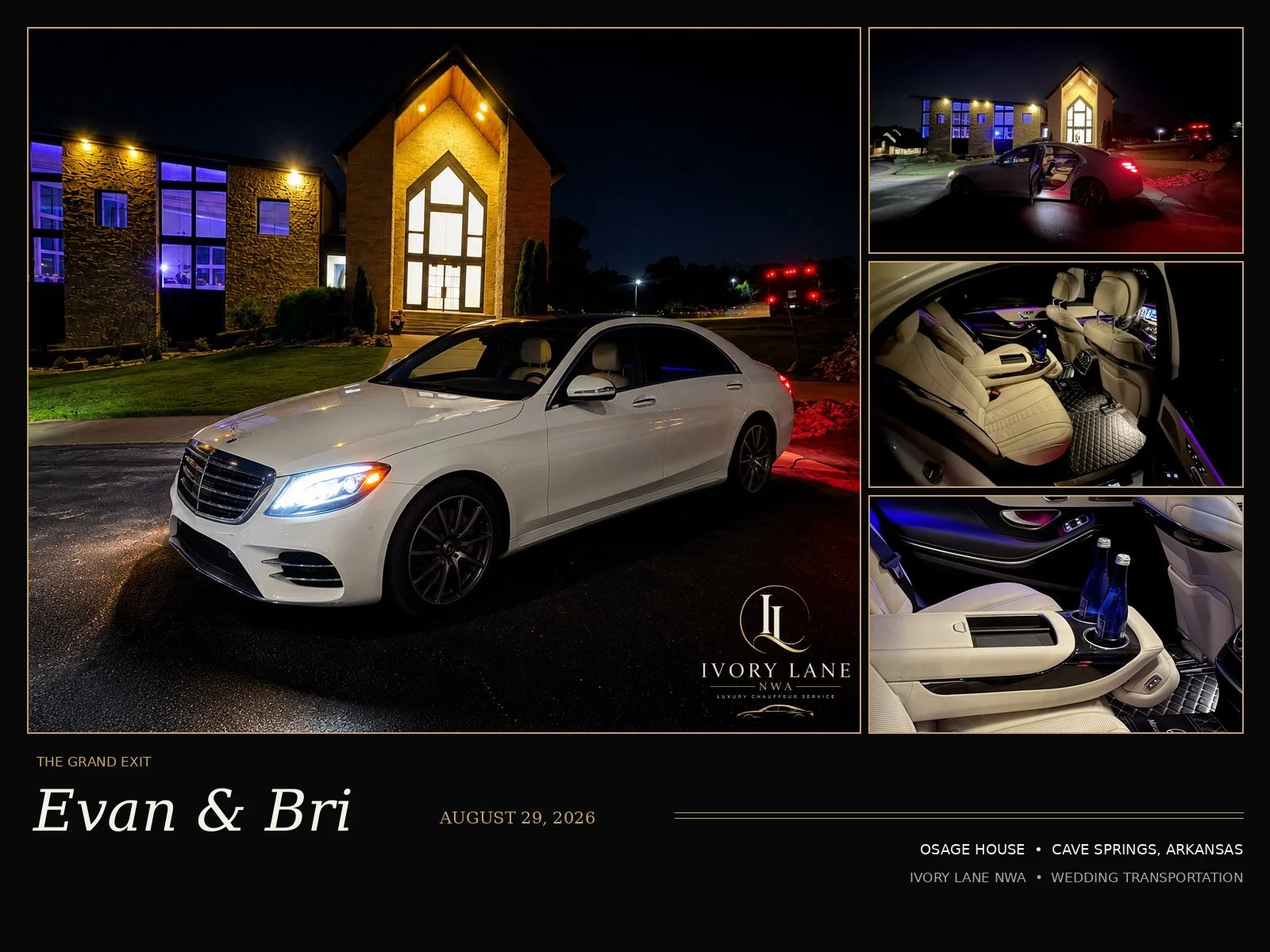 Ivory Lane Mercedes-Benz S560 providing chauffeured wedding transportation for a newlywed couple in Northwest Arkansas.