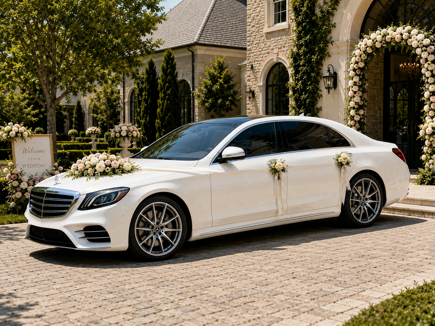 White luxury sedan Mercedes-Benz S560 decorated with flowers, parked outside a wedding venue with floral arch, trees, and a sign that says "Welcome to our wedding".