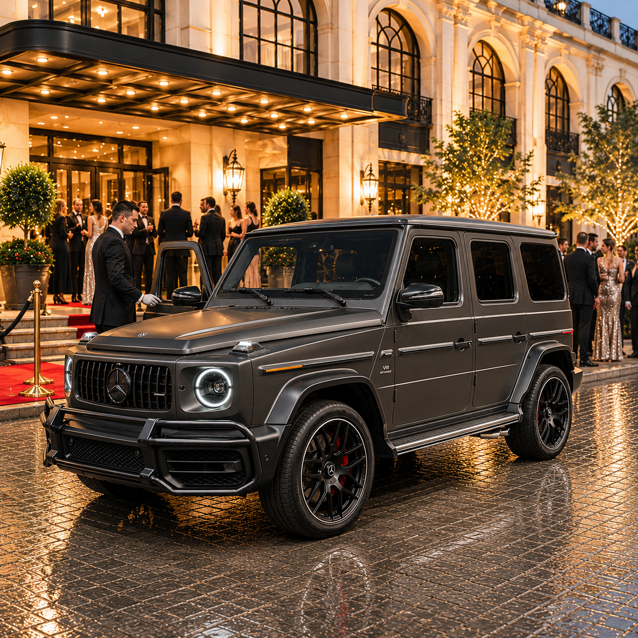 A dark olive Mercedes-Benz G-Class AMG G63 SUV parked in front of a hotel in Northwest Arkansas with a red carpet, with people dressed in formal attire socializing outside, illuminated by string lights and warm lighting.