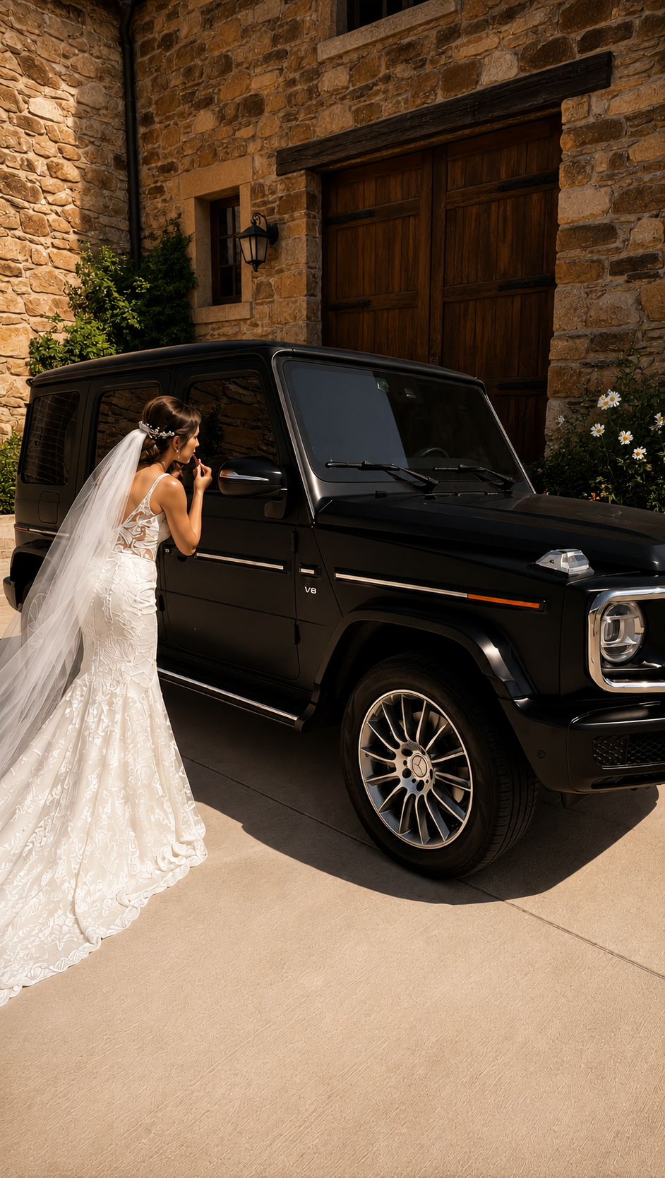 A bride in a white wedding dress with a long veil looks at a black Mercedes-Benz G-Class G550 SUV parked in front of a stone house with wooden doors and windows, and some greenery.