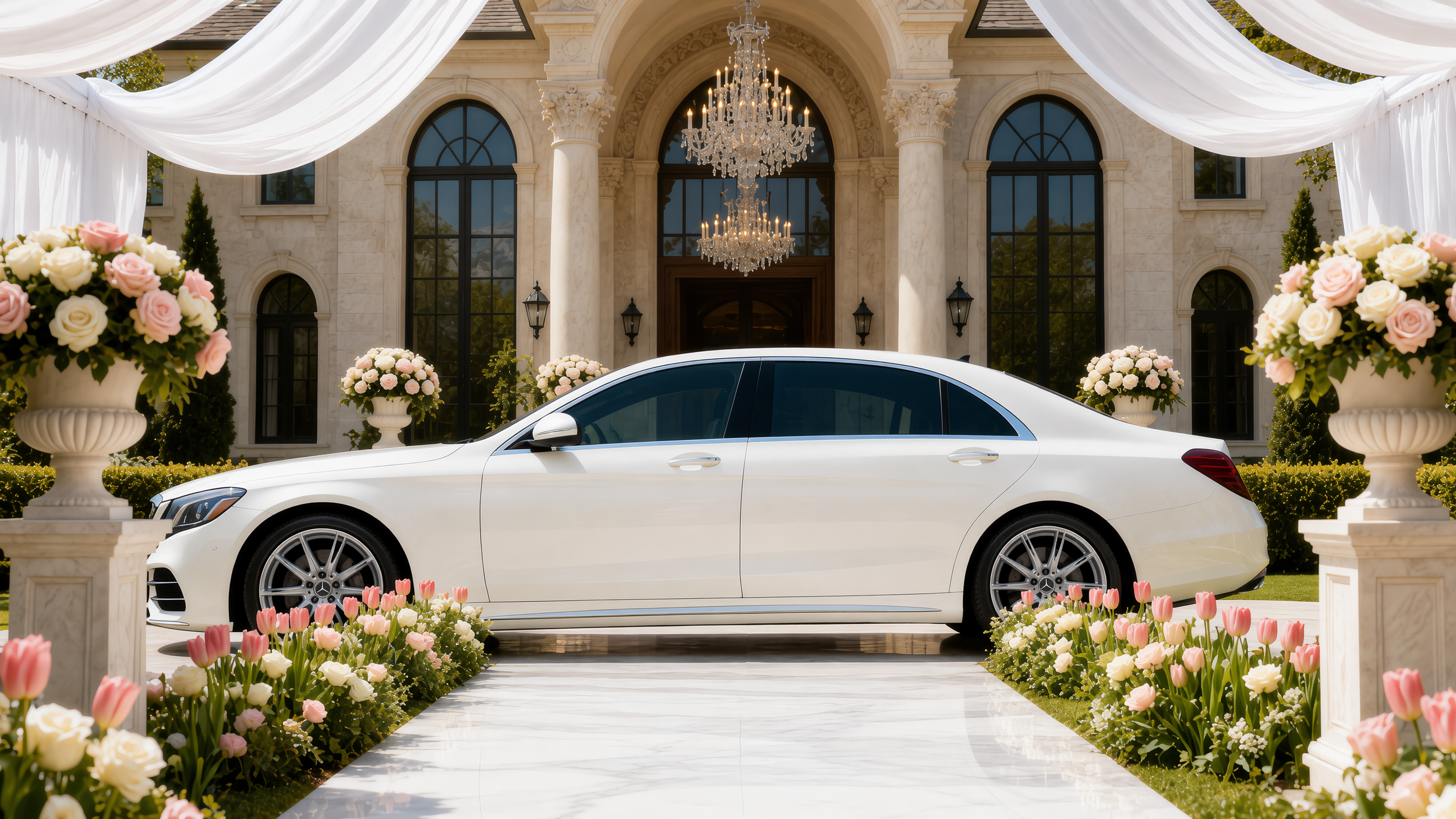 A white luxury Mercedes-Benz S560 car parked in front of a grand mansion decorated for a wedding, with large floral arrangements and white drapery, illuminated by chandeliers.