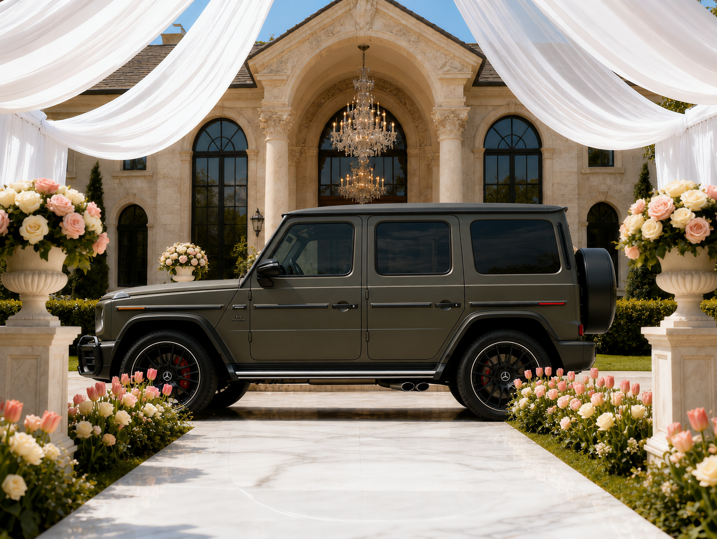 A dark olive luxury Mercedes-Benz G-Class AMG G63 SUV parked on a white marble driveway in front of a grand mansion with columns and large arched windows, decorated with pink and white flowers and draped with with fabric for a wedding.