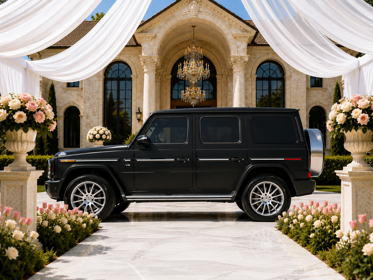 A black luxury Mercedes-Benz G550 SUV parked in front of a grand mansion decorated for a wedding, with white drapes, pink and white floral arrangements, and a chandelier visible inside.