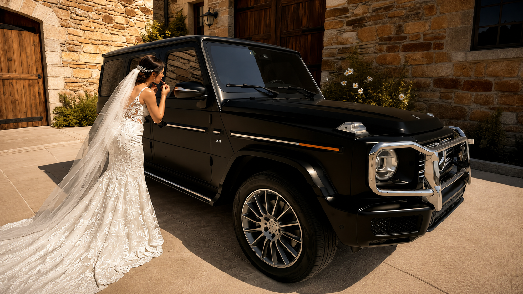 A bride in a white wedding dress with a long veil stands next to a black luxury Mercedes-Benz G550 SUV, looking at the side mirror, in a courtyard with stone walls, wooden doors, and blooming flowers.