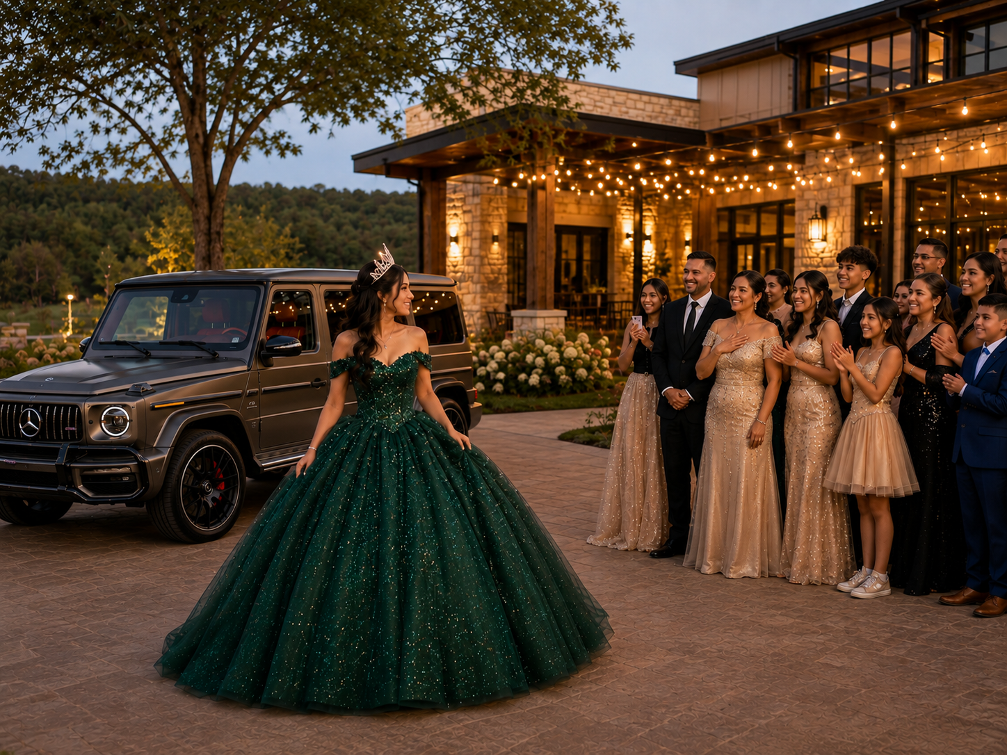 Quinceañera in an emerald green gown arriving beside a Mercedes-AMG G63 as family celebrates at an elegant Northwest Arkansas event venue